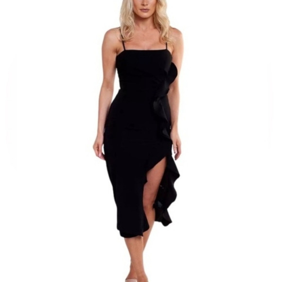 Bardot Rona black sleeveless low back midi ruffle dress leg slit - Picture 5 of 13